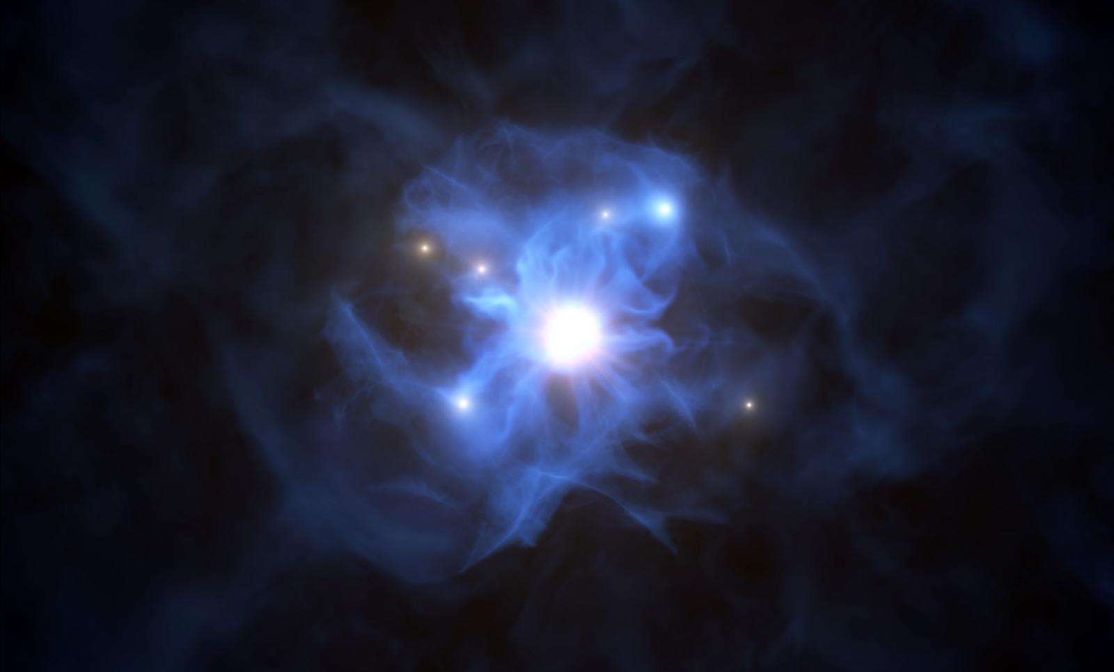 Une photo distribuée le 29 septembre 2020 par l'Observatoire européen austral (ESO) montre une vue d'artiste du trou noir central et des galaxies piégées dans son réseau de gaz.