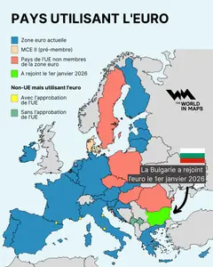 Cette carte montre les pays utilisant actuellement l’euro (en bleu), ainsi que ceux en voie d’adhésion.