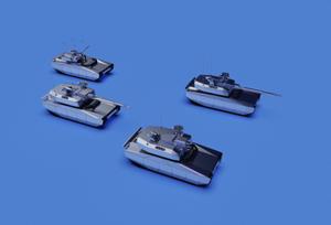 Ce document d'illustration, diffusé le 26 avril 2024 par KNDS, une division de Nexter Systems, fabricant d'armements appartenant à l'État français, présente des chars de combat de pointe baptisés Système de Combat Terrestre Principal (MGCS) et des drones (en haut à gauche).