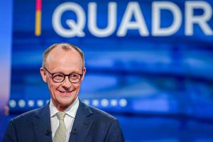 Friedrich Merz, principal candidat et président de l'Union chrétienne-démocrate (CDU), lors d'un débat télévisé, le 16 février 2025