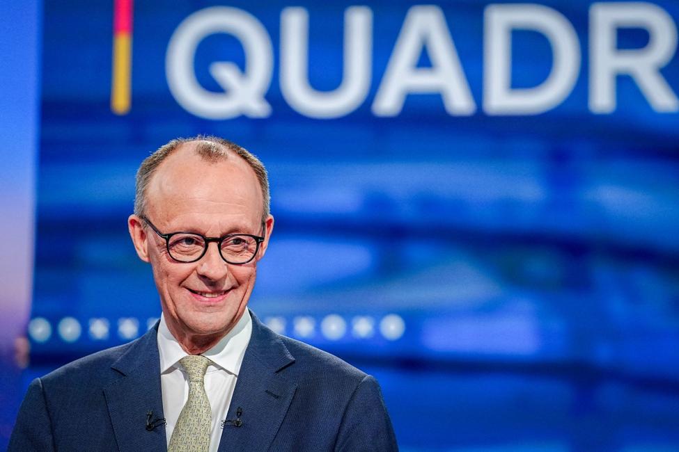 Friedrich Merz, principal candidat et président de l'Union chrétienne-démocrate (CDU), lors d'un débat télévisé, le 16 février 2025