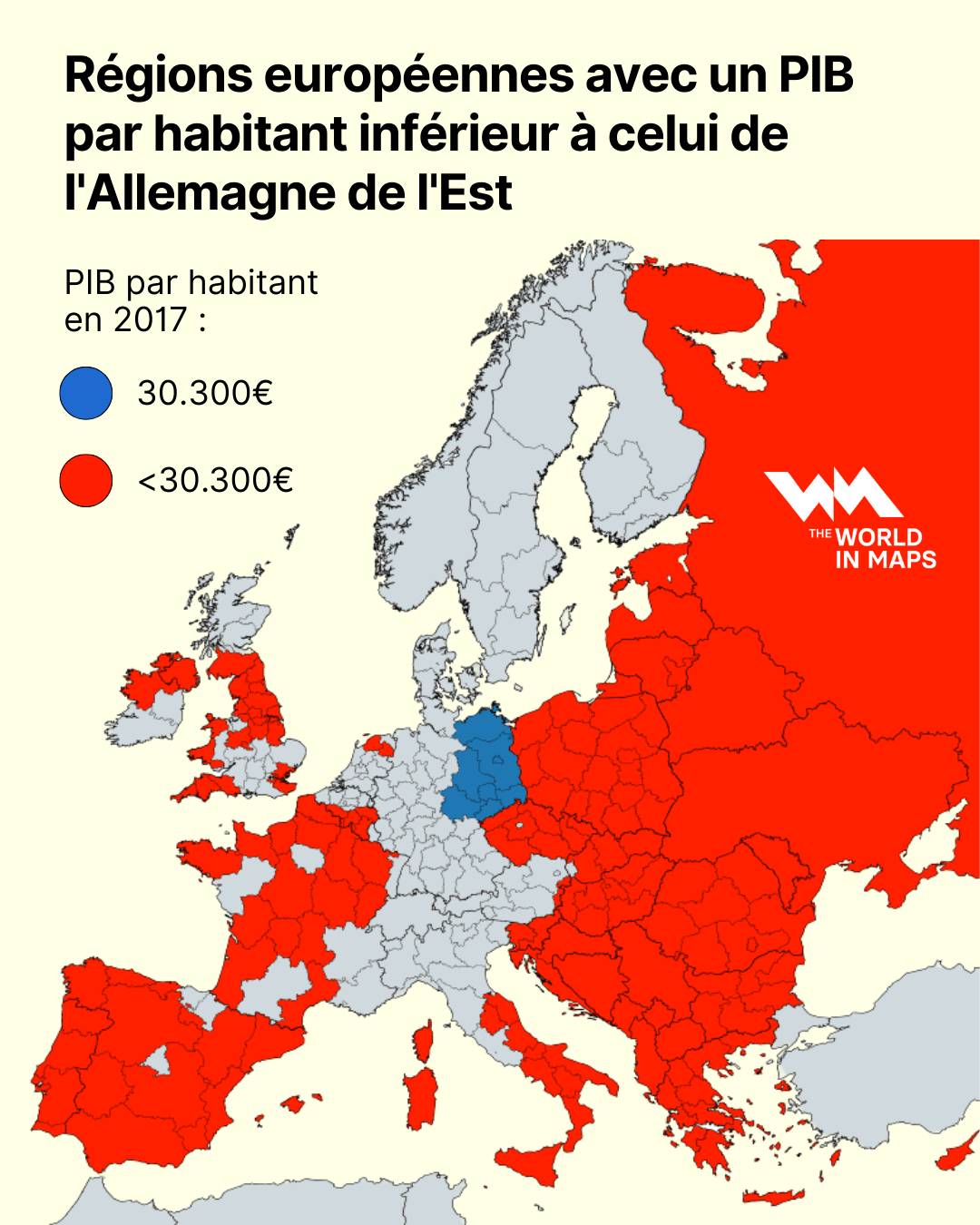 Les régions européennes avec un PIB par habitant inférieur à celui de l'ex-Allemagne de l'Est