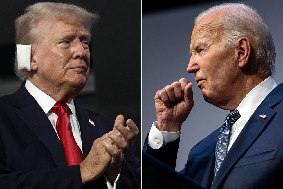 Donald Trump, avec un bandage sur l'oreille après avoir été blessé lors d'une tentative d'assassinat, applaudissant lors de la Convention nationale républicaine de 2024 à Milwaukee, le 15 juillet 2024 ; et le président américain Joe Biden s'éclaircissant la gorge alors qu'il parle d'économie à Las Vegas, le 16 juillet 2024, avant d'être testé positif au Covid avec des symptômes légers le 17 juillet.