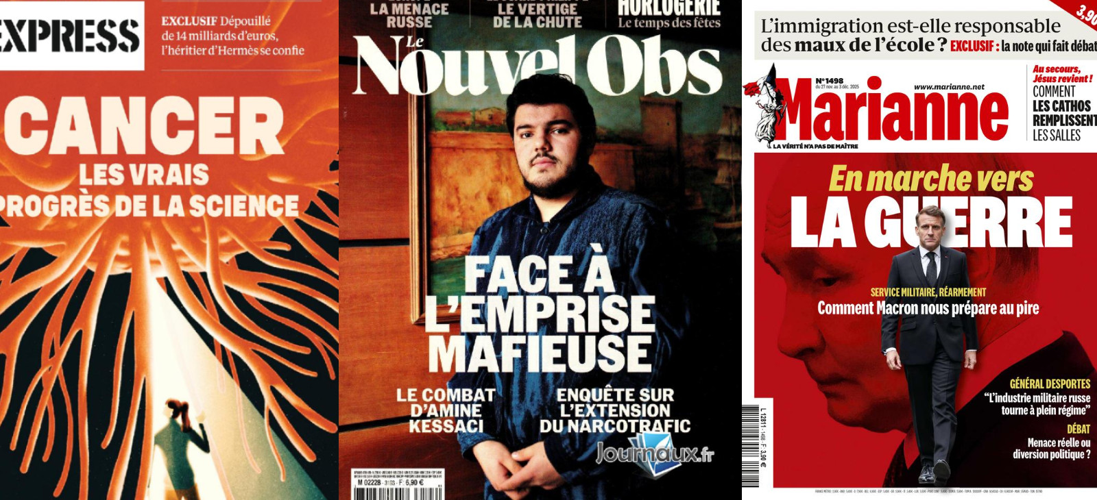 L'Obs plonge dans la mafia des narcos, Le Point dans l'enfer des afghanes; Valeurs voit Ménard faire l'union des droites, L'Express Sarkozy en muse de 2027; L'Huma égratigne la génération Palestine; les algorithmes, ce poison anti-démocratique