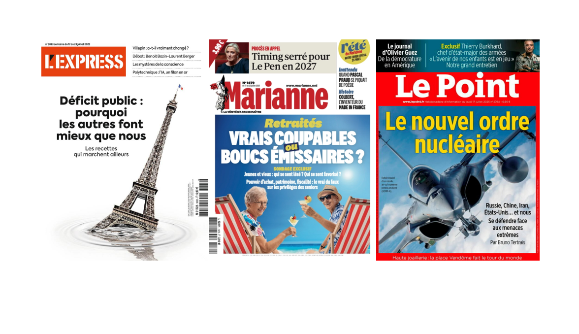 Le Point voit la guerre nucléaire venir, L'Express découvre que le taux de cotisation retraite des fonctionnaires est à 78%; Marianne psychanalyse l'Assemblée et ausculte les comptes de campagne du RN; Ferrand rabiboche Macron & Bayrou