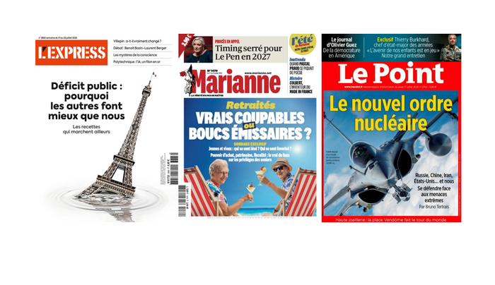 Les Unes des hebdomadaires du vendredi 18 juillet 2025.
