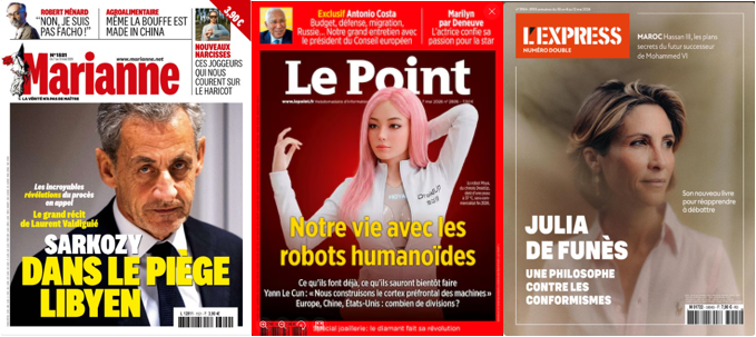 L'Express debunke le catastrophisme des ONG sur la biodiversité, Le Point imagine la vie avec les robots humanoïdes; Marianne ré-enterre Sarkozy, Knafo s'y essaie(rait) avec Zemmour; Attal joue à Cosette chez les riches, Ferrand au Conseil Constitutionnel