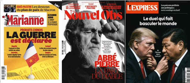la Chine est prête à affronter les Etats-Unis (L’Express), mais va surtout nous envahir de ses produits à bas prix (Marianne), tandis que Netanyahou surfe sur la vague trumpiste (L’Express), alors que Trump n’est qu’un apprenti Poutine (Le Nouvel Obs)...
