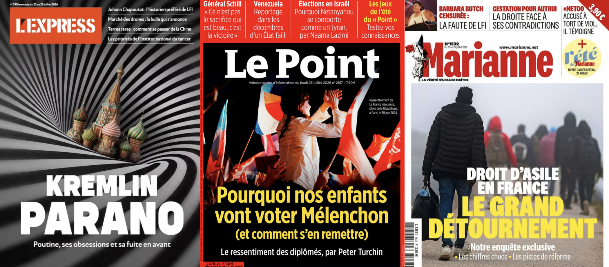 L'Express voit un Poutine parano attaquer l'Europe, Le Point Mélenchon déchirer les familles; Marianne dénonce le détournement du droit d'asile, Le Nouvel Obs l'IA-pocalypse; A peine nommé, le Défenseur des droits déjà attaqué; Braun-Pivet admire Larcher