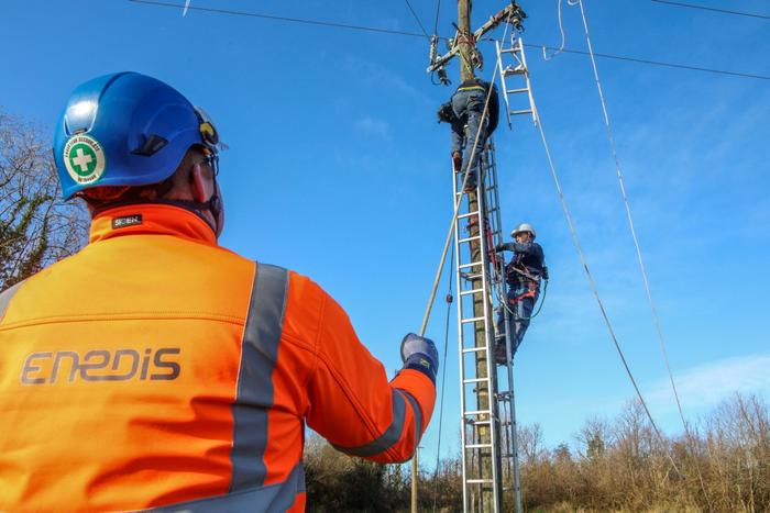 Des ingénieurs d'Enedis travaillent au sein d'une équipe d'intervention internationale pour réparer des lignes électriques endommagées.