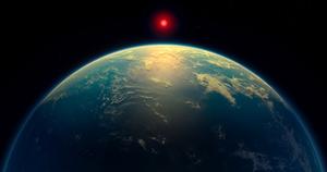 Cette impression d'artiste montre la super-Terre K2-18b, un monde océanique qui pourrait abriter la vie.