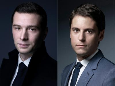 Un montage de portraits pour l'AFP de Jordan Bardella et Gabriel Attal. 