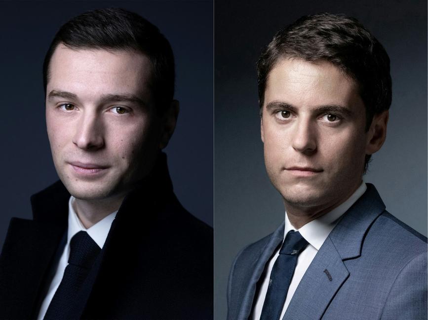 Un montage de portraits pour l'AFP de Jordan Bardella et Gabriel Attal. 