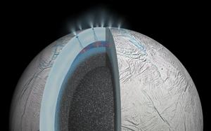 Cette illustration de la NASA, présente une vue en coupe d'Encelade, lune de Saturne, illustrant une possible activité hydrothermale qui pourrait se produire à la surface et sous le fond marin de son océan souterrain, d'après les résultats publiés de la mission Cassini de la NASA.