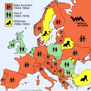 Dans une majorité de pays en Europe, les baby-boomers constituent la génération la plus nombreuse.
