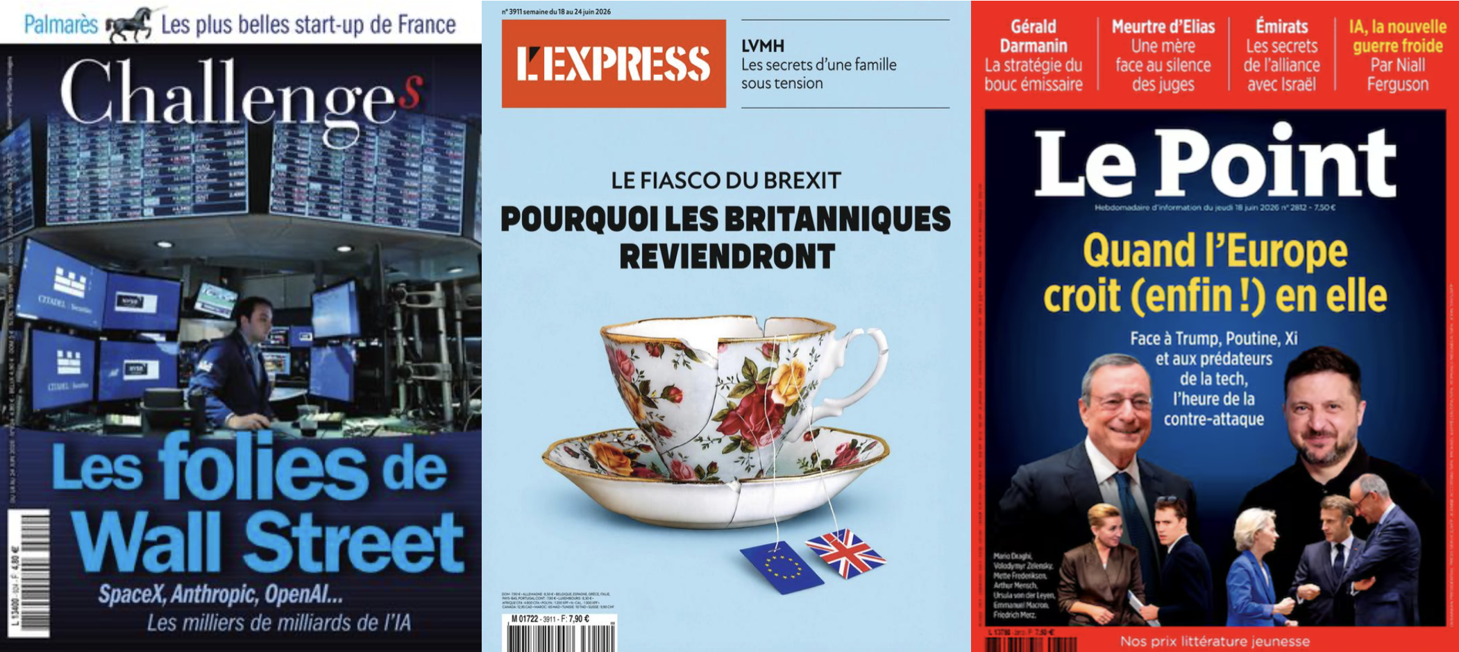 Challenges voit Wall Street sombrer dans la folie, l'entourage de Glucksmann le voit en homme soja; L'Express & Le Point décryptent le réveil de l'UE, Marianne cible le parti de l'étranger; Après la mondialisation néolibérale, le national-libéralisme