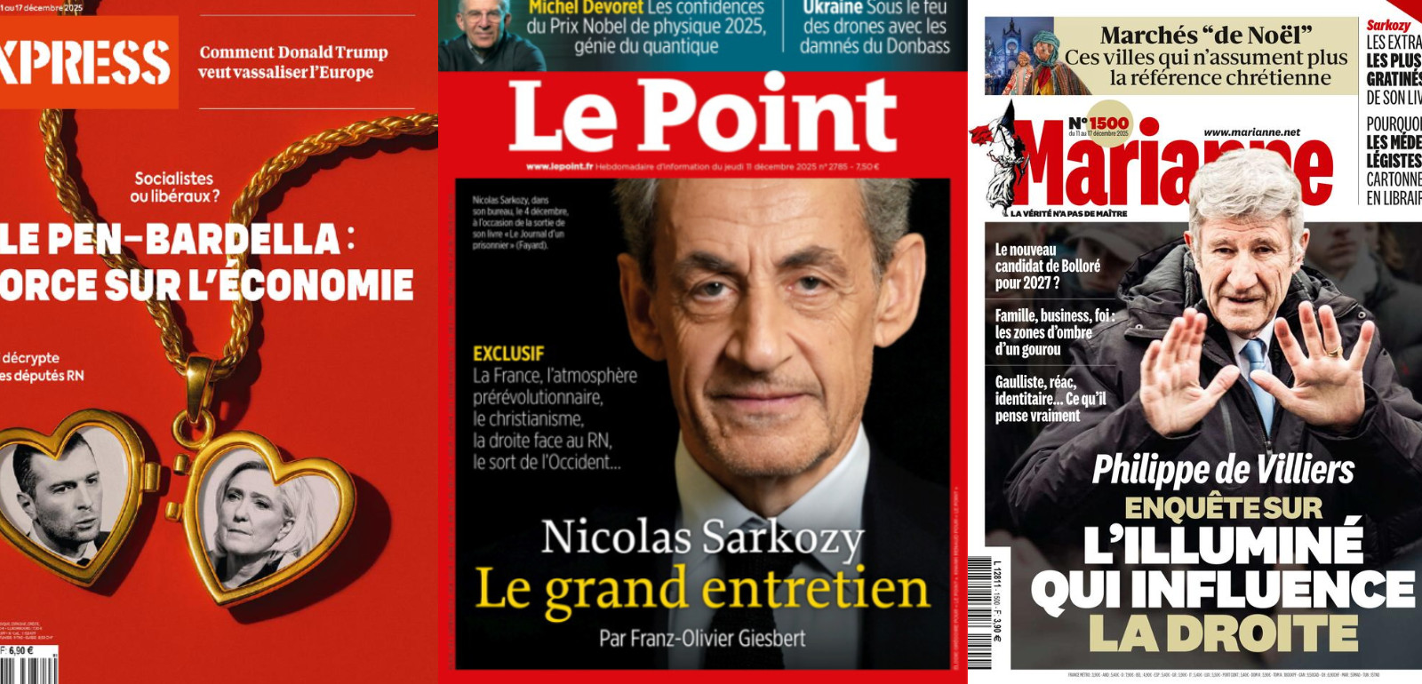L'Express fait sauter le vernis libéral du RN & voit Le Pen-Bardella divorcer, Marianne voit Villiers réconcilier les 3 droites françaises; Sarkozy annonce la révolution dans le Point; Shein excelle dans la manipulation politique, Sébastien Lecornu aussi