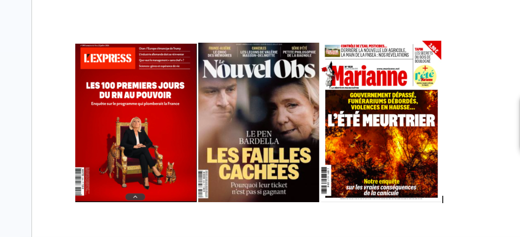 L'Express vire RN parano, le Nouvel Obs se rassure avec les failles Bardella Le Pen; Marianne ausculte l'été meurtrier; Le Point iconise Bally Bagayoko; Le capitalisme, arme ukrainienne la plus puissante; L'argent sale se blanchit à tous les coins de rue