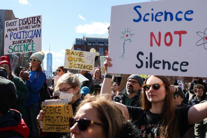 Des scientifiques manifestent dans le parc Washington Square à New York, le 7 mars 2025.
