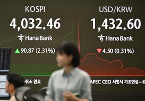 Un écran affichant l'indice boursier de référence de la Corée du Sud (à gauche) et le taux de change won coréen/USD (à droite) dans une salle de change du siège de la banque Hana à Séoul, le 27 octobre 2025.