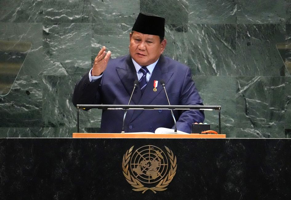 Le président indonésien Prabowo Subianto s'exprime lors du débat général de l'Assemblée générale des Nations Unies au siège de l'ONU à New York, le 23 septembre 2025.