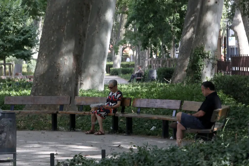 Un homme et une femme se reposent à l'ombre des arbres pour se rafraîchir dans un parc de Perpignan, dans le sud de la France.