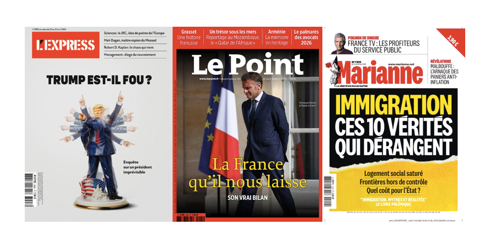 Les Unes des hebdos du 23 avril 2026. 