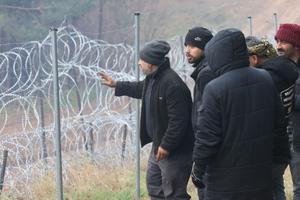 Des migrants près d'une clôture de barbelés à la frontière biélorusse-polonaise, dans la région de Grodno.