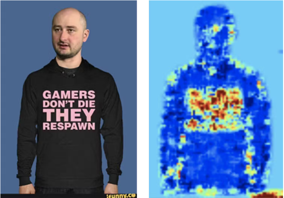 Ce mème pro-russe se moque du journaliste anti-Poutine Arkady Babchenko. Le texte sur la chemise a été inséré dans la photo et la tête de Babchenko semble avoir été insérée dans le corps de quelqu'un d'autre. Des outils d'intelligence artificielle ont permis d'identifier les altérations de l'image.