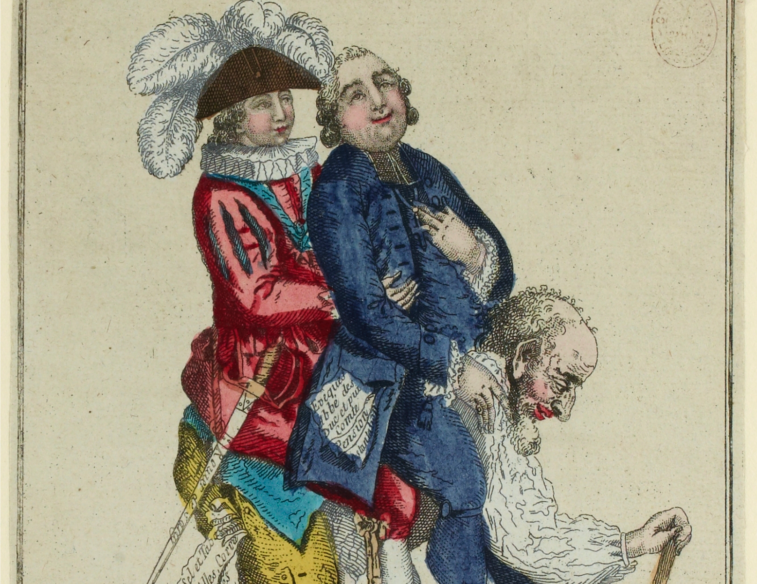 Caricature sur les Trois-Ordres : Le Tiers-Etat portant sur son dos le Clergé et la Noblesse, 1789.