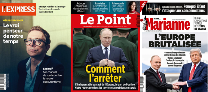 Marianne voit l'Europe hors-jeu sur l'Ukraine, Le Point la voit revenir; Retailleau hante Brégançon dans L'Express, le créateur de ChatGPT erre sans boussole dans Le Nouvel Obs; Interpol, idiot utile des dictateurs; Les Verts se drapent de vertu islamique