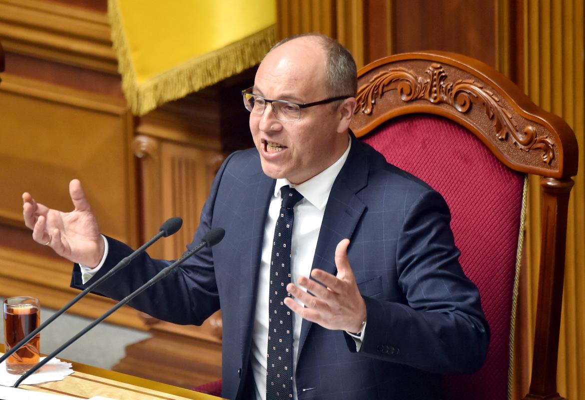 Le président du parlement ukrainien en 2019, Andriy Paribiy, assassiné en août 2025 (Photo by Sergei SUPINSKY / AFP)