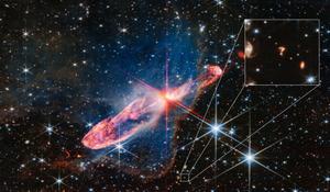 Une image obtenue par le Nasa par le télescope James Webb d'une paire de jeunes étoiles nommées Herbig-Haro 46/47 trouvées à 1 470 années-lumière de distance dans la constellation Vela au sein de la galaxie de la Voie lactée.