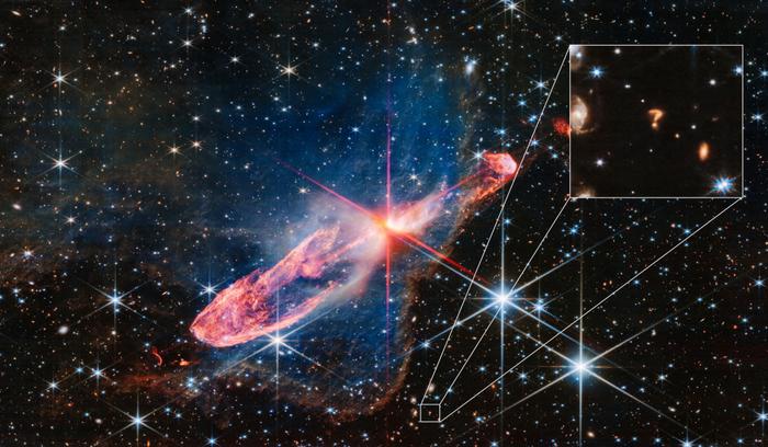 Une image obtenue par le Nasa par le télescope James Webb d'une paire de jeunes étoiles nommées Herbig-Haro 46/47 trouvées à 1 470 années-lumière de distance dans la constellation Vela au sein de la galaxie de la Voie lactée.