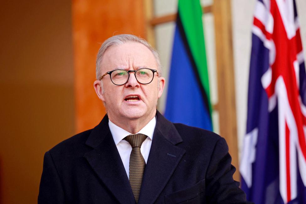 Le Premier Ministre d'Australie, Anthony Albanese, lors d'une allocution en faveur de l'Etat palestinien le 11 août 2025. (Photo by Hilary Wardhaugh / AFP)