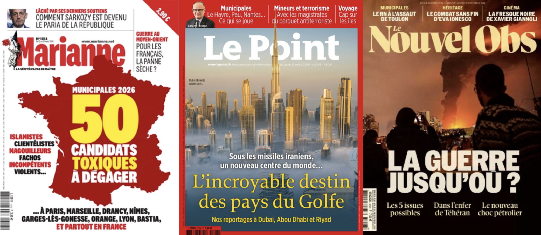 Municipales : Marianne veut dégager les candidats toxiques, Le Point voit Nantes virer à droite, le Nouvel Obs Toulon au RN; L'Express dénonce les relais français des Mollahs; Pete Hegseth se prend pour un Croisé; Sarkozy est en quête de grâce