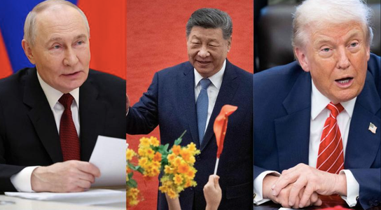 Un montage des portraits de Vladimir Poutine, Xi Jinping et Donald Trump. 