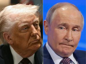 Une combinaison de portraits de Donald Trump et de Vladimir Poutine.