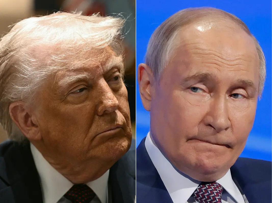 Une combinaison de portraits de Donald Trump et de Vladimir Poutine.