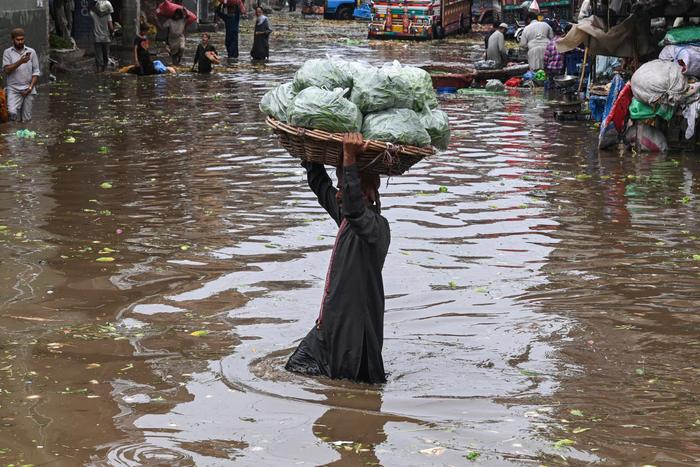 Des ouvriers transportent des légumes dans une rue inondée d'un marché après de fortes pluies à Lahore, le 1er juillet 2024.