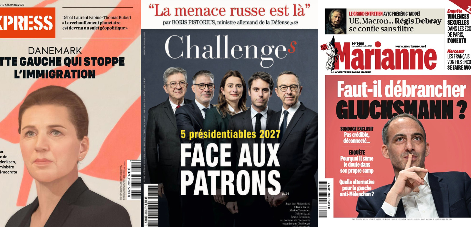 Marianne voit Glucksmann jouer au culbuto à gauche, L'Express la voit céder aux sirènes anti-immigration; Le Nouvel Obs voit Pascal Praud faire l'union des droites; Les pédophiles s'invitent aux municipales parisiennes; Le gendre de Trump joue au Monopoly