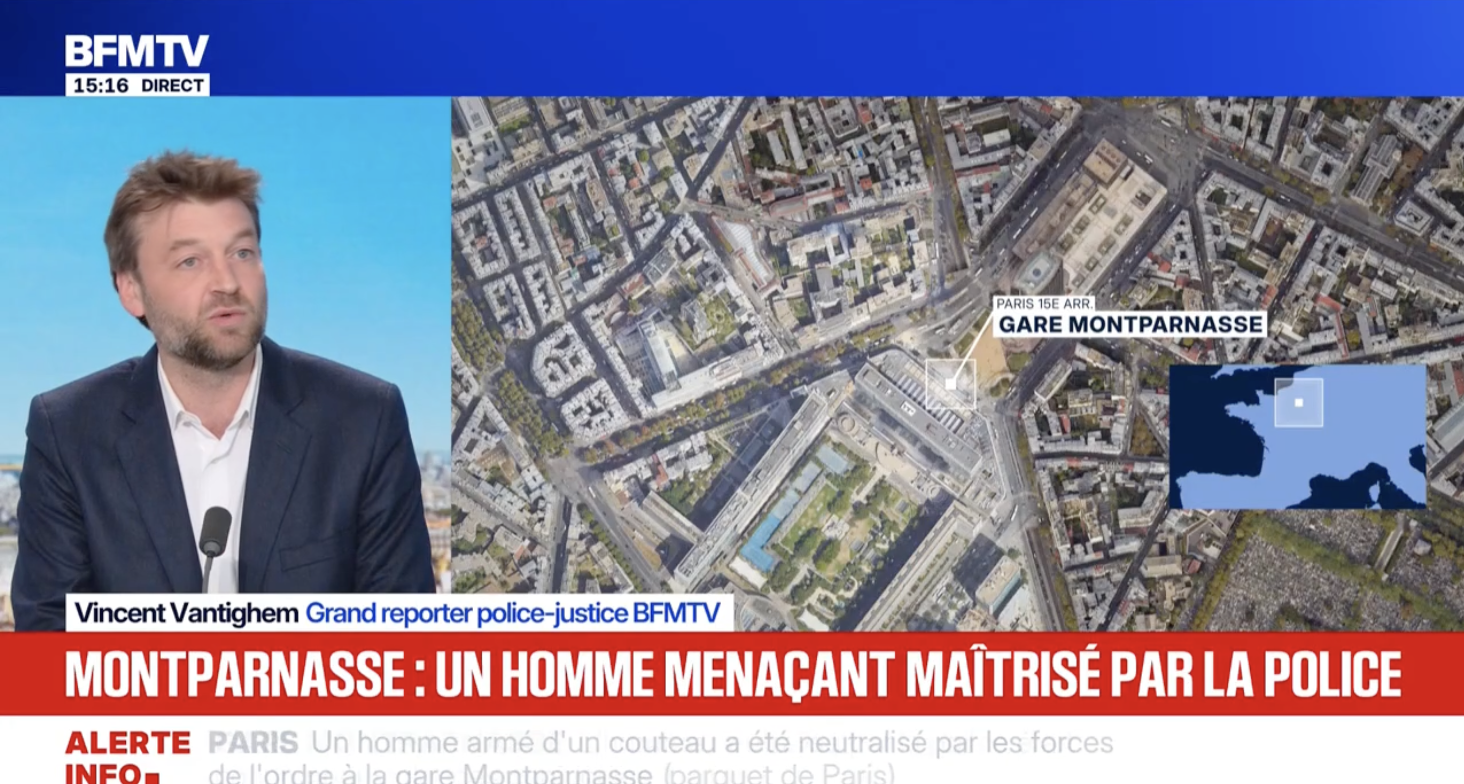 Un homme menaçant exhibe un couteau à la gare Montparnasse à Paris, un policier ouvre le feu