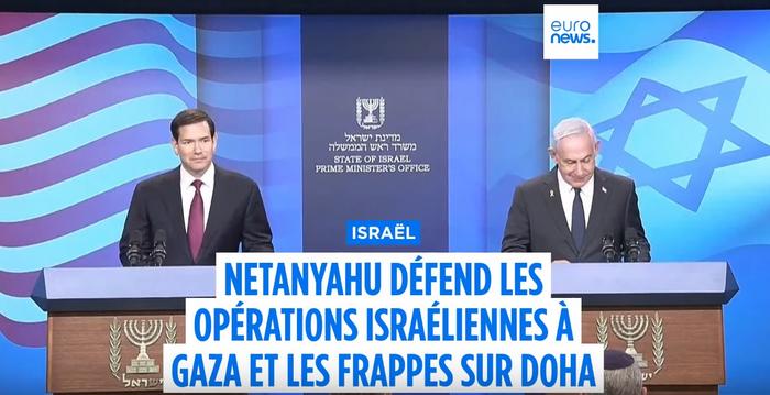 Benyamin Netanyahu en conférence de presse le 15 septembre 2025, avec le secrétaire d'Etat américain Marco Rubio, défend les frappes qu'il a mené sur la capitale du Qatar, l'accusant d'héberger des terroristes du Hamas.