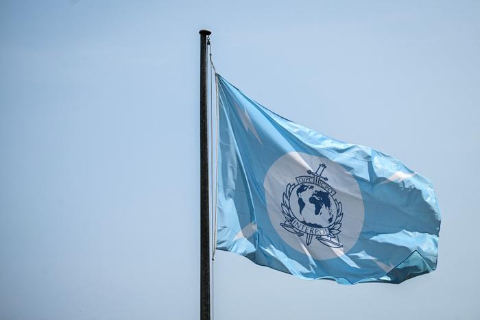 Cette photo montre un drapeau d’Interpol flottant sur son mât au siège de l’Organisation internationale de police criminelle, à Lyon, dans l’est de la France, le 9 juin 2025. (Image d'illustration)