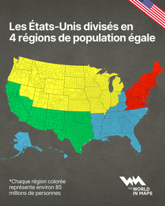 Carte des Etats-Unis divisés en 4 régions de population égale.