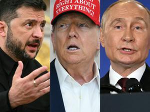 Un montage des portraits de Volodymyr Zelensky, de Donald Trump et de Vladimir Poutine. 