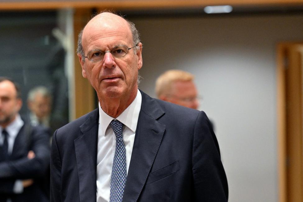 Éric Lombard, ministre de l'Économie, des Finances et de la Souveraineté industrielle et numérique,  au siège du Conseil européen à Bruxelles, le 13 mai 2025.