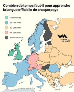 Cette carte montre combien de semaines il pourrait falloir aux anglophones pour apprendre la langue officielle de chaque pays européen, selon les estimations du Foreign Service Institute (FSI) des États-Unis.