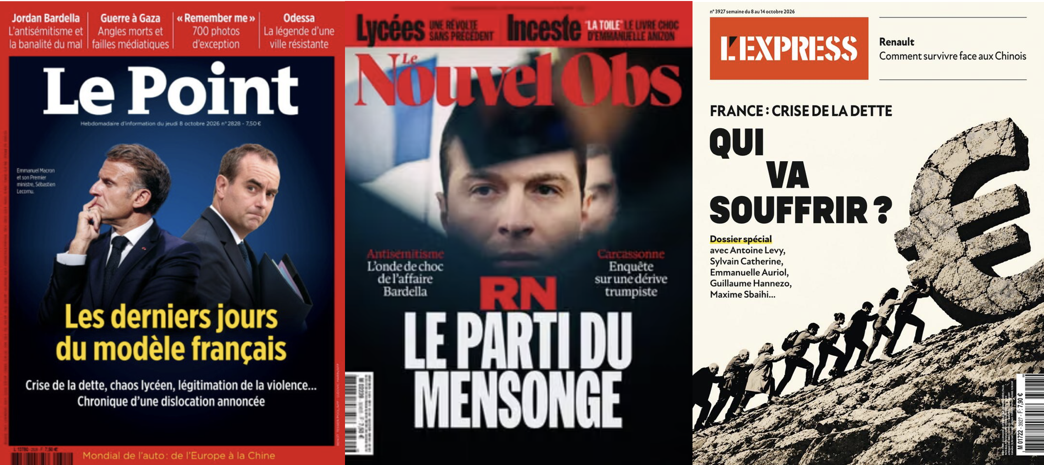 Le Point voit Emmanuel Macron en fossoyeur du modèle français, Le Nouvel Obs les telephones portables derrière la révolte des lycéens; L'Express traque les bébés Soral de droite à gauche (extrêmes); Israël, Gaza : enfin, le temps de l'analyse ?