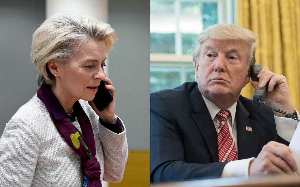 Les portraits de la présidente de la Commission européenne, Ursula von der Leyen, et du président des Etats-Unis, Donald Trump.
